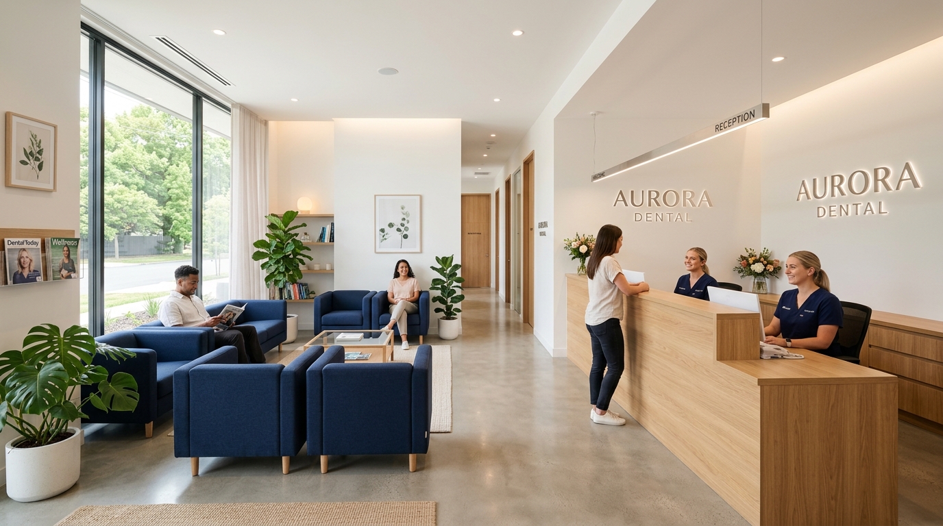 Warm and welcoming dental reception lobby in El Paso designed for calm patient triage